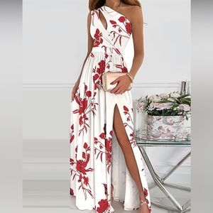 Romantic Red Flower Asymmetrical Keyhole Maxi Dress